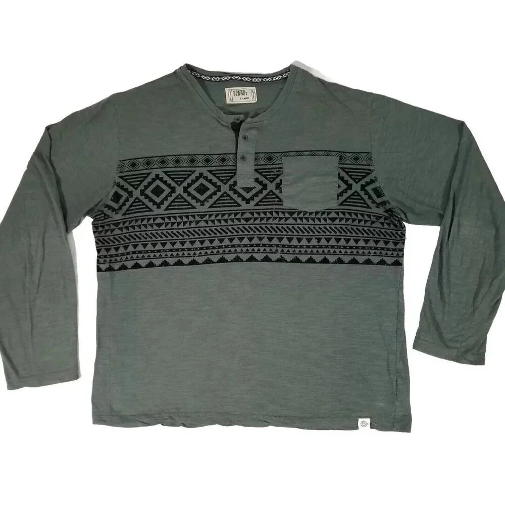 Free Planet Top Womens XL Aztec Tex Mex Southwest Long Sleeve Henley T-Shirt